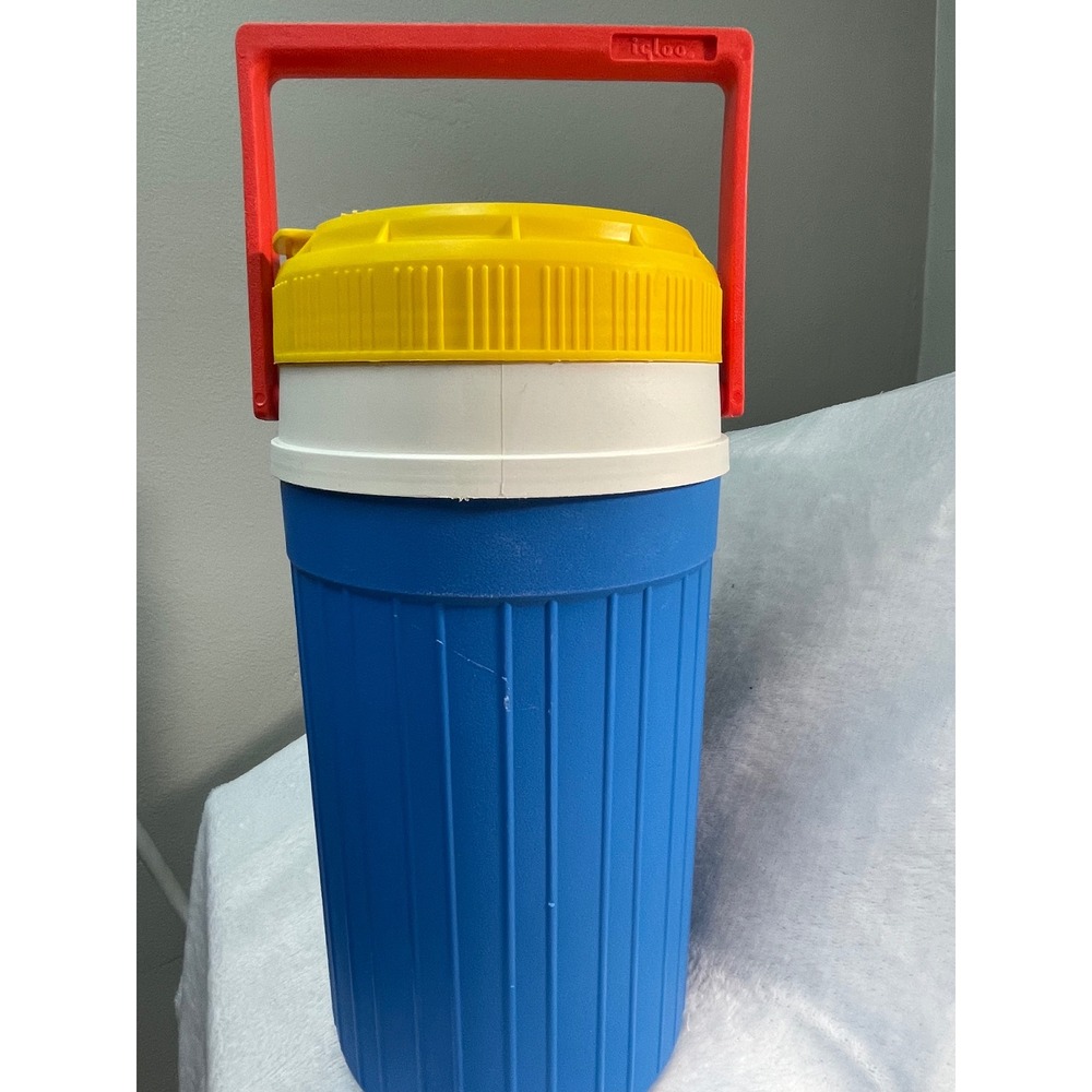 Vintage Igloo 1/2 Gallon Water Jug Blue Yellow Red Primary Colors Insulated USA